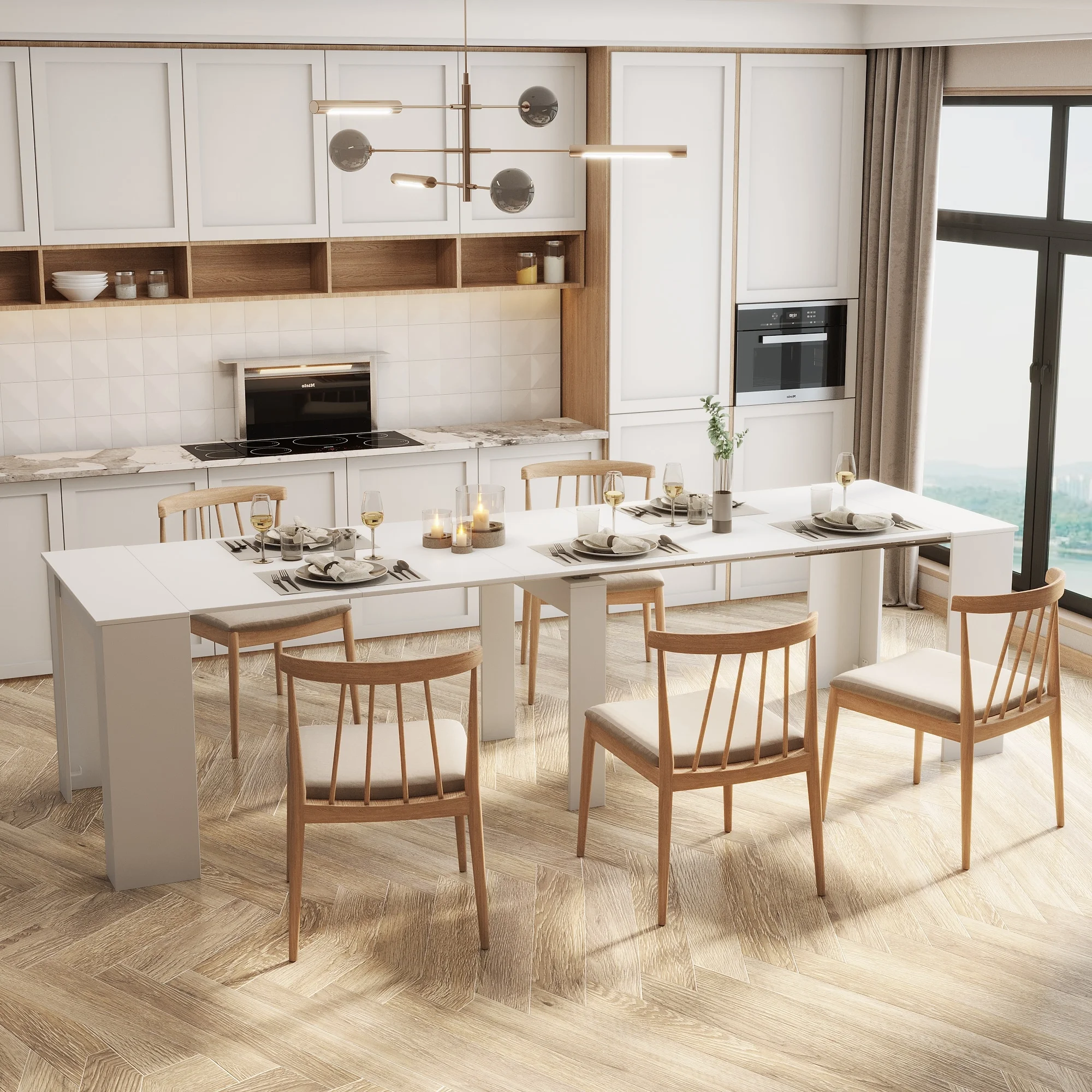 WilliamSpace 2 in 1 Multifunctional Extendable Console Table Dining Table for 4-8 People with 5 Different Size Extendable - White