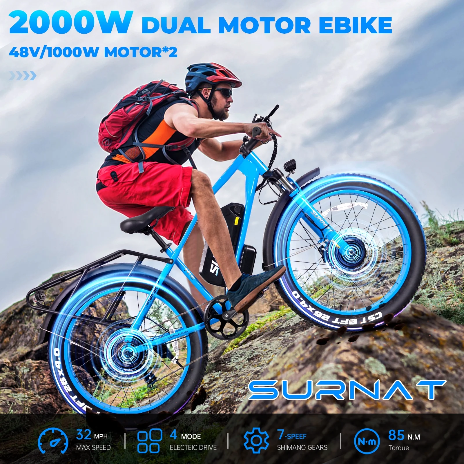 Electric Bike for Adults - Dual Motor AWD 2000W 32MPH Ebike with 48v/22.5Ah Removable Battery, 26x4.0 Fat Tire Mountain Electric Bicycle, Hydraulic Disc Brake E-Bike for Men Women