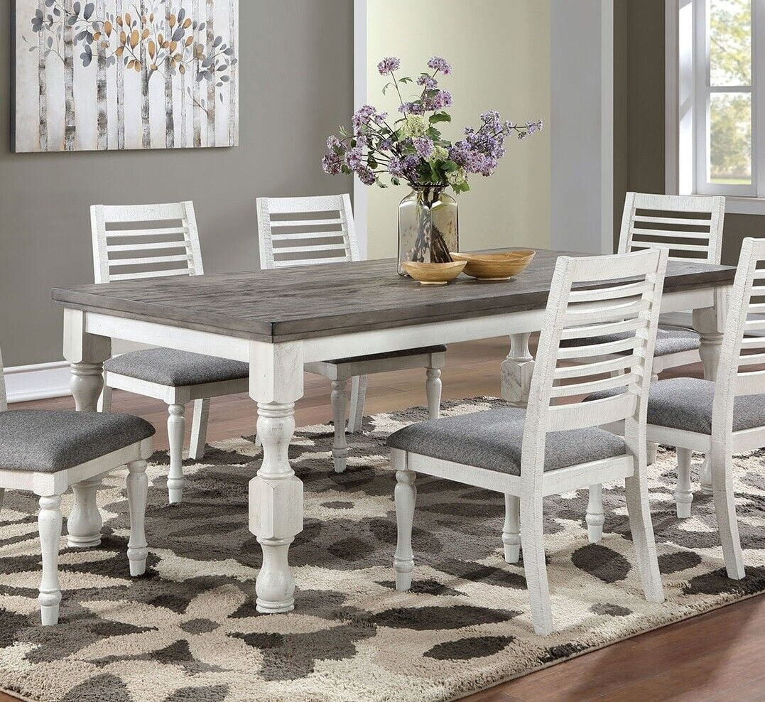 Classic Two-Tone Dining Table 6x Side Chairs 7pc Set Antique White And Gray Solid wood Ladder Back Chairs Fabric Cushions