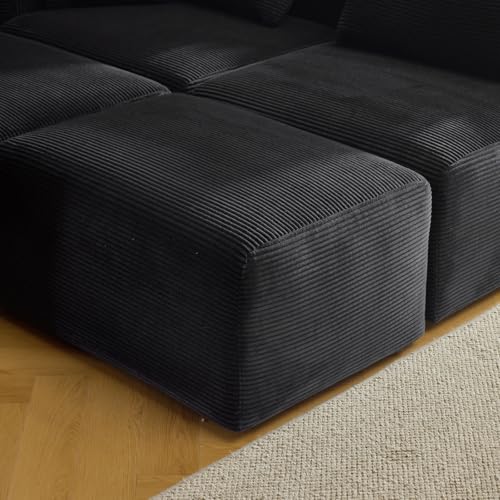 VINGLI 112.2“ Convertible Corduroy Cloud Sectional Couches with Movable Ottoman, L-Shaped Upholstered Sofa with Deep Seat & Chaise Lounge, 3 Seater Modular Starter Sofa, No Assembly Required, Cream