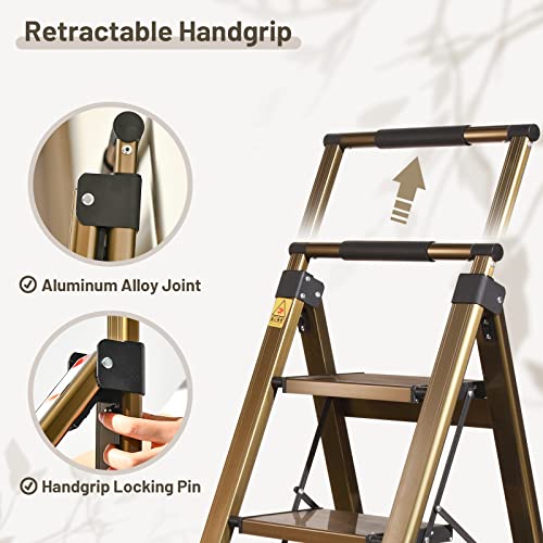 XinSunho 5 Step Ladder, Retractable Handgrip Folding Step Stool with Anti-Slip Wide Pedal, Aluminum Stool Ladders 5 Steps, 330lbs Safety Household Ladder