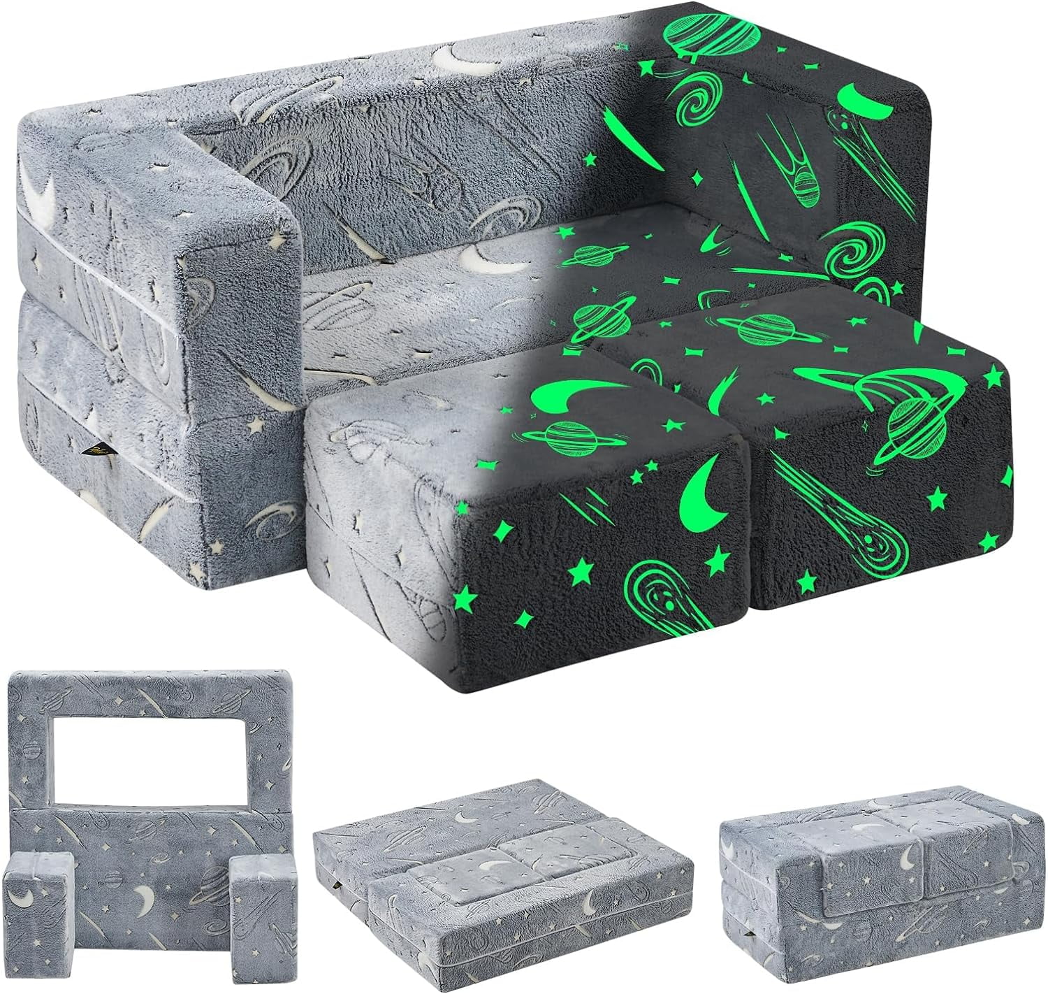 TELER Kids Couch Sofa Modular Toddler Couch, Glow in The Dark Sofa 3 in 1 Fold Out Kids Sofa with Washable and Durable Covers for Boys, Galaxy Stars