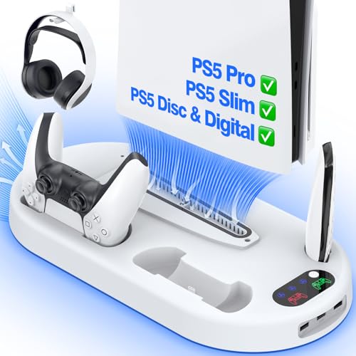 AMZDM Cooling Station PS5 Slim Stand PS5 Pro Cooling Fan with Charging Station PlayStation 5 Console Cooler with Docking Station Controller Charger PlayStation 5 Pro & Slim Disc & Digital White