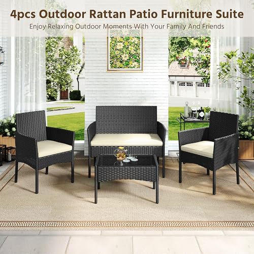 Yaheetech Patio Furniture Set 4 Pieces Conversation Sets, Rattan Chair Wicker Set Loveseat with Soft Cushion and Glass Table for Backyard Porch Garden Poolside Balcony, Black and Beige
