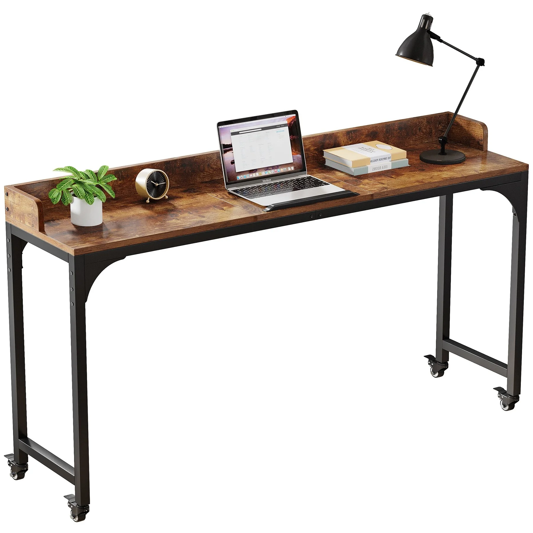 Overbed Table with Wheels, Mobile Computer Desk Standing Workstation Laptop Cart Brown+Tilt Stand Board