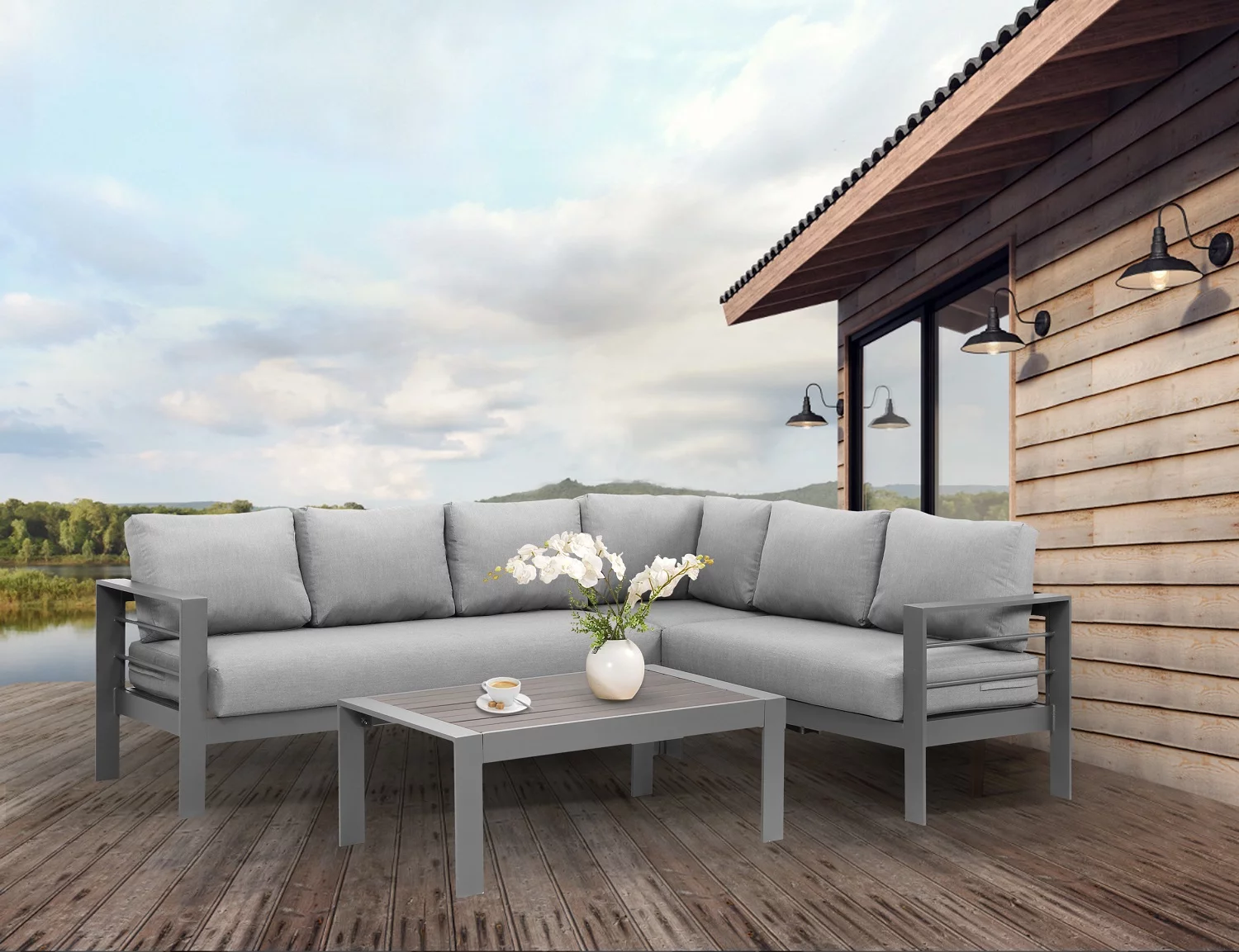 Superjoe 4 Pieces Outdoor Aluminum Furniture Set, Patio Sectional Sofa Couch - Conversation Set with Coffee Table and Sofa, Gray