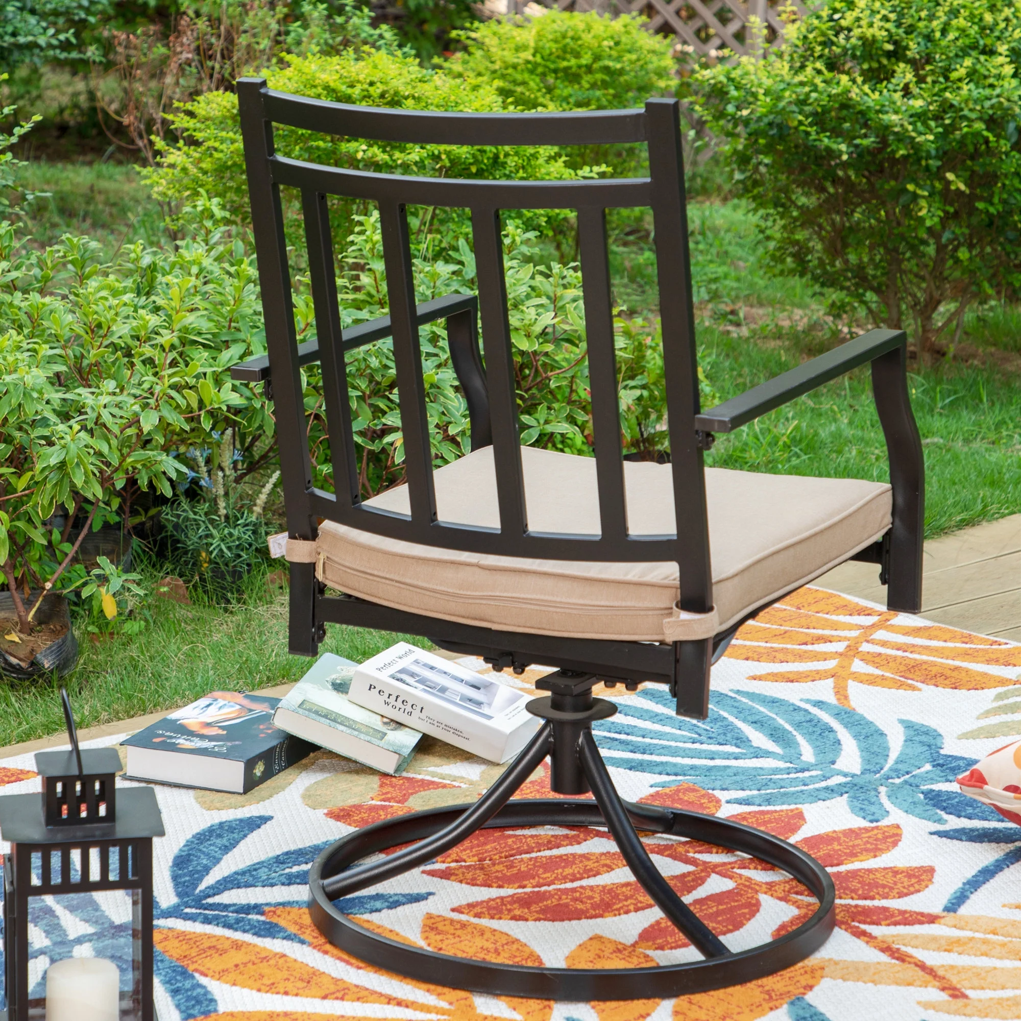 MF Studio 7-Piece Outdoor Dining Set with Swivel Cushioned Chairs & Rectangle Table for 6-Person, Black & Beige