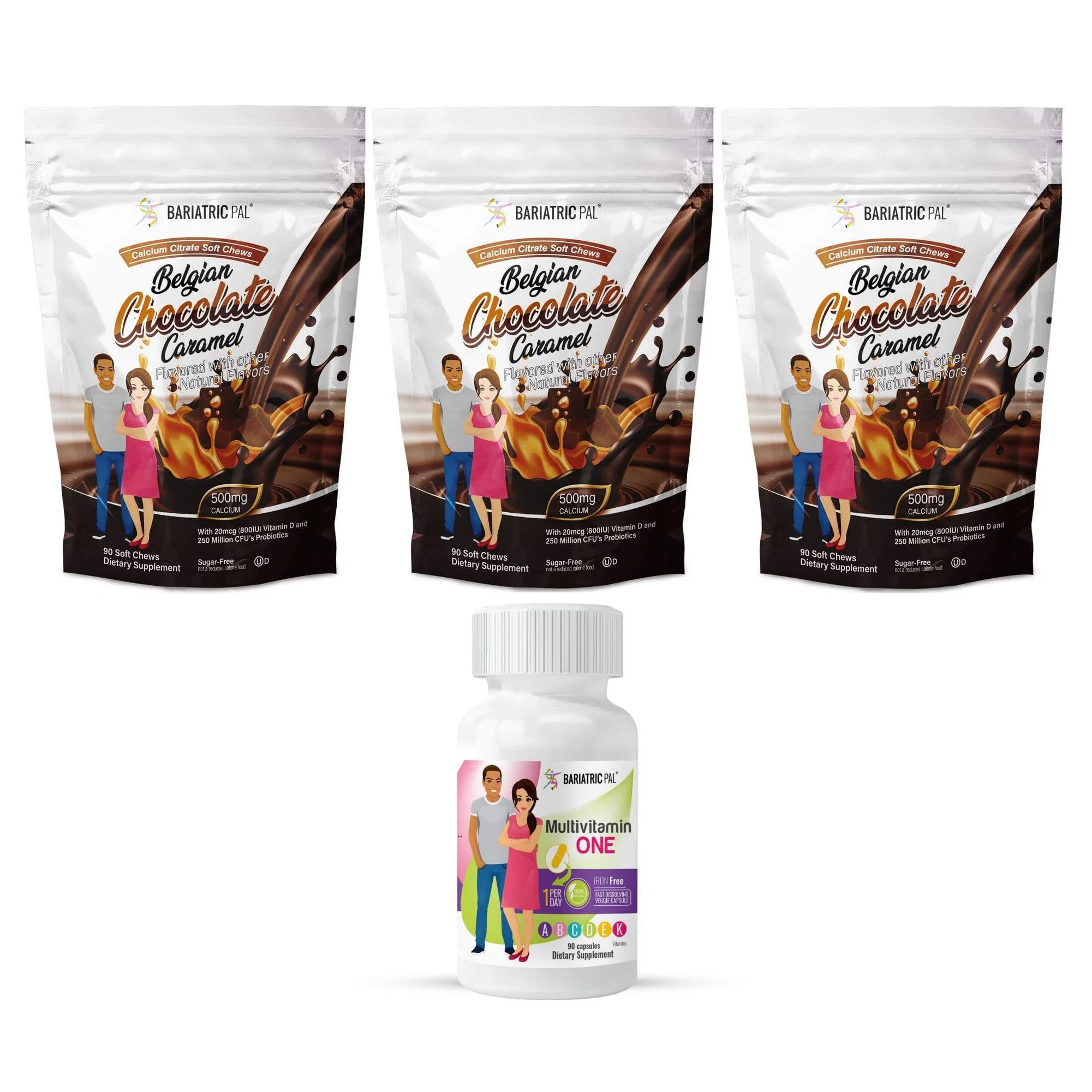 Duodenal Switch Vitamin Pack - Capsules Size: 3-Month Supply, BariatricPal Multivitamin ONE: Capsule - Iron Free, BariatricPal Calcium Citrate Soft Chews: Belgian Chocolate Caramel