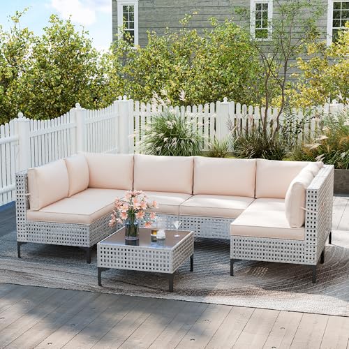 7 Pieces Wicker Patio Furniture Sets, Outdoor Patio Sectional Conversation Sets with Coffee Table All-Weather Outdoor Seating Furniture with 4
