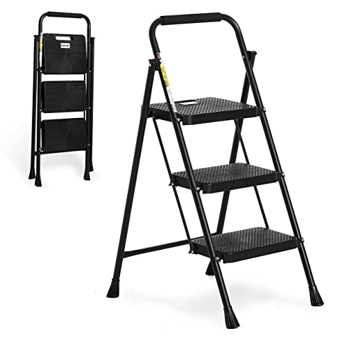 Double Elite Step Ladder 3 Step Folding with Handgrip, 500 Lbs Load Heavy Duty Steel Step Stool, Multi-use Folding Ladder with Anti-Slip Wide Pedals, Portable Kitchen/Closet Small Step Ladder, Black