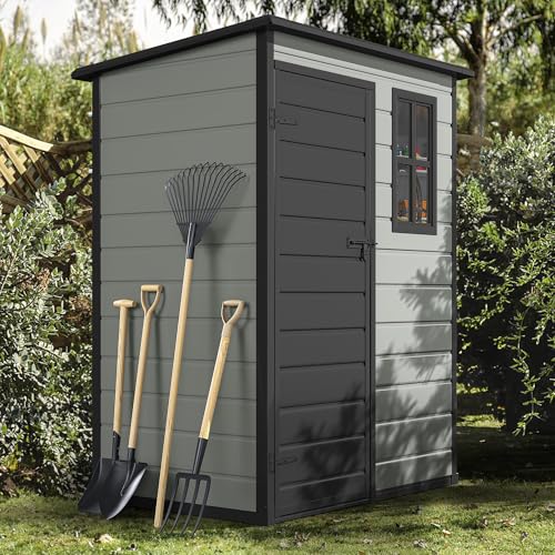DWVO 5x3 FT Outdoor Storage Shed with Floor, All-Weather Resin Storage Shed with Lockable Door & Window, Waterproof Plastic Tool Storage for Garden, Backyard, Patio, Lawn, Blue-Gray