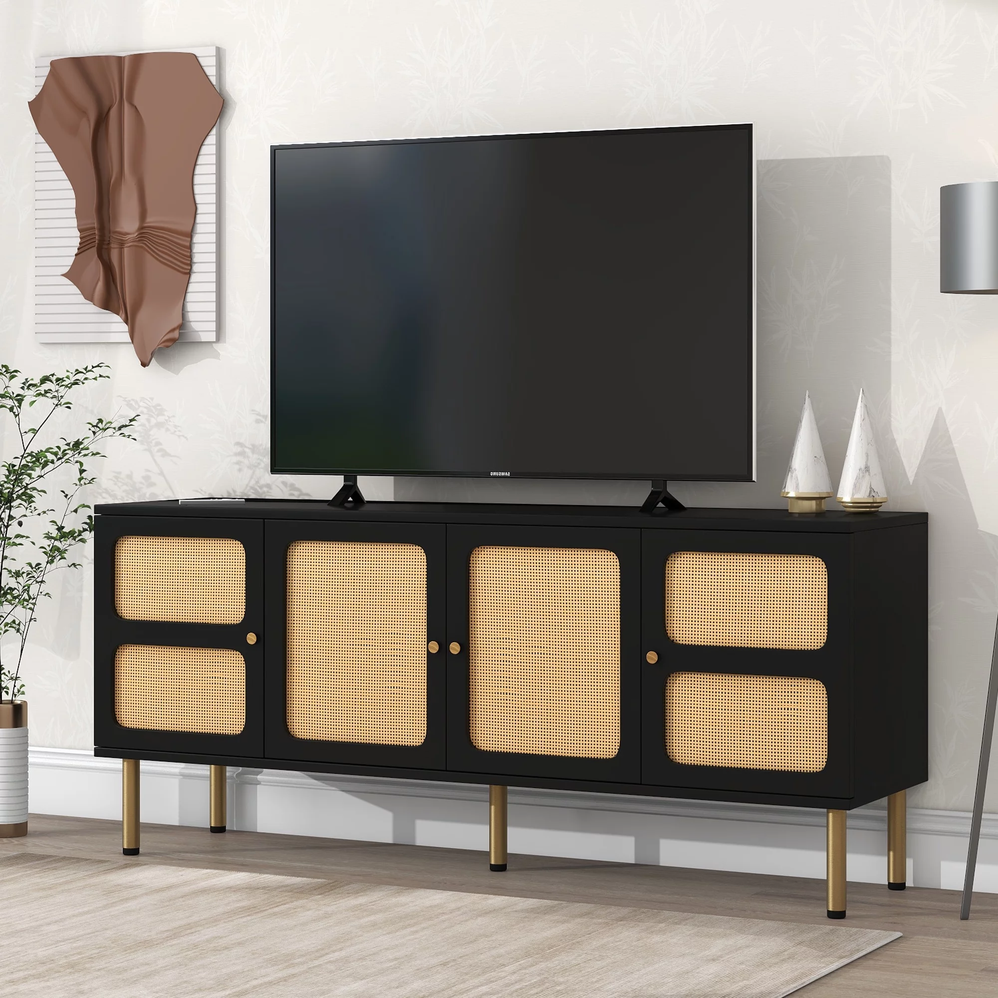 ON-TREND Boho style TV Stand with Rattan Door, Woven Media Console Table for TVs Up to 70”, Country Style Design Side Board with Gold Metal Base for Living Room, Black.