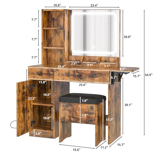 IRONCK Vanity Desk with LED Lighted Mirror & Power Outlet, Makeup Table with Drawers & Cabinet,Storage Stool,Dressing Table for Bedroom, White