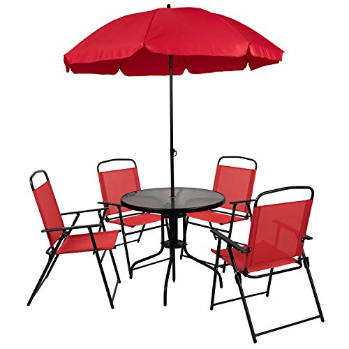 Flash Furniture Nantucket 6-Piece Patio Dining Set with Glass Table, 4 Folding Chairs, and Umbrella, Outdoor Patio Table, Chairs, Umbrella Set, Navy