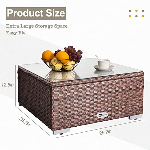 DIMAR GARDEN Outdoor Coffee Table Wicker Patio Side Table with Glass Top, 25.2in Mixed Brown