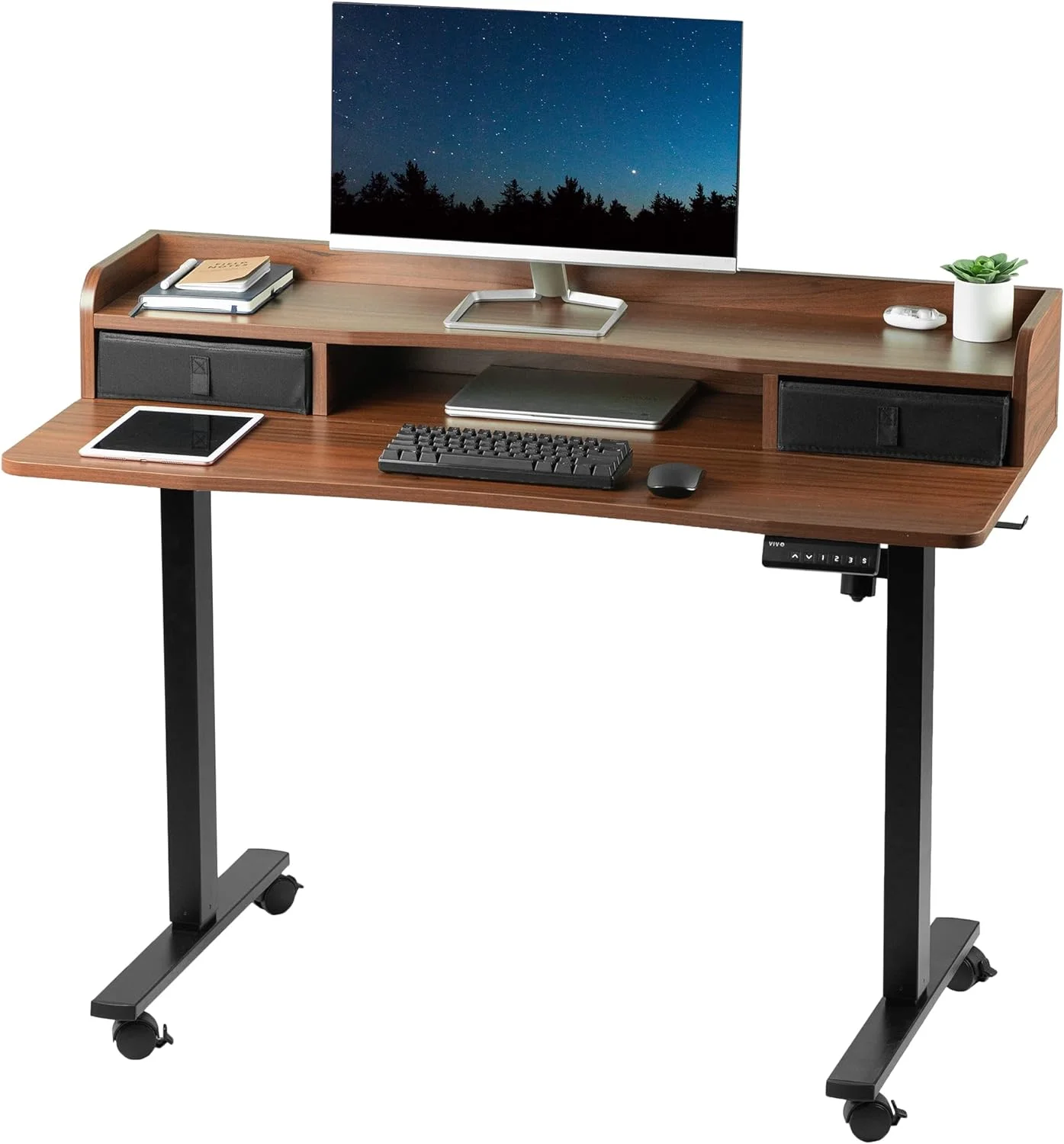 Electric 2-Tier Height Adjustable X 24 Inch Stand Up Desk, Mobile Table With Storage Drawers, Standing Workstation With Memory Controller, Casters, Dark Walnut Top, Black Frame, DESK-E-YSD
