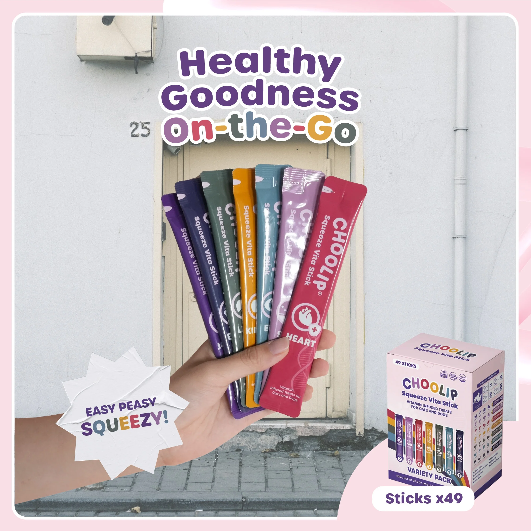 Choolip Squeeze Vita Stick Lickable Cat Treats. Cat and Dog Multivitamin SnackVariety Pack, 7 Different Formulas, Antioxidants, Minerals, Vet-Formulated 49pk Lickable Cat Treat Pack. Nutrient-packed.