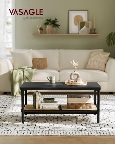 VASAGLE 2-Tier Coffee Table for Living Room, Living Room Table Rectangular Center Table, with PVC Rattan Storage Shelf, Rounded Corners, Easy Assembly, Boho Style, Ash Black ULCT240B21