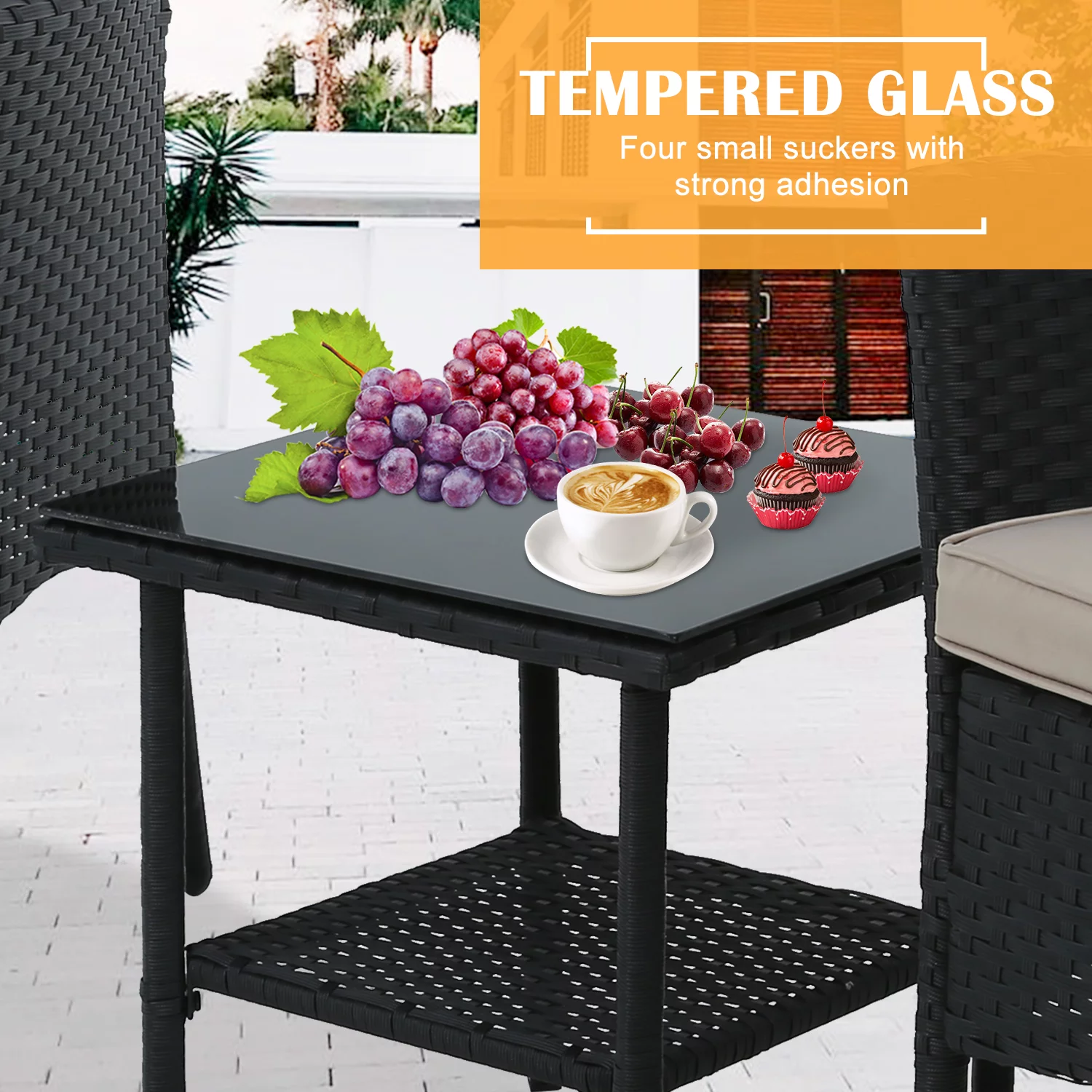 YRLLENSDAN Patio Furniture Sets，3 Pieces Patio Set Rattan Chair Wicker Bistro Set with Glass Table Rattan Chair Sets for Yard Lawn Porch (Black)