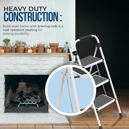 SIMPLI-MAGIC Step Ladder, 3 Step Stool Ergonomic Folding Step Stool with Wide Anti-Slip Pedal Sturdy Step Stool for Adults Multi-Use for Household, Kitchen，Office Step Ladder Stool (3 Step - White)