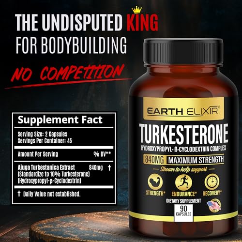 Turkesterone 840 mg (90 Capsules) – Made in USA - 3rd Party Tested - 100% Pure Turkesterone Supplement for Men & Women - Ajuga Turkestanica Extract - Increase Natural Energy & Strength