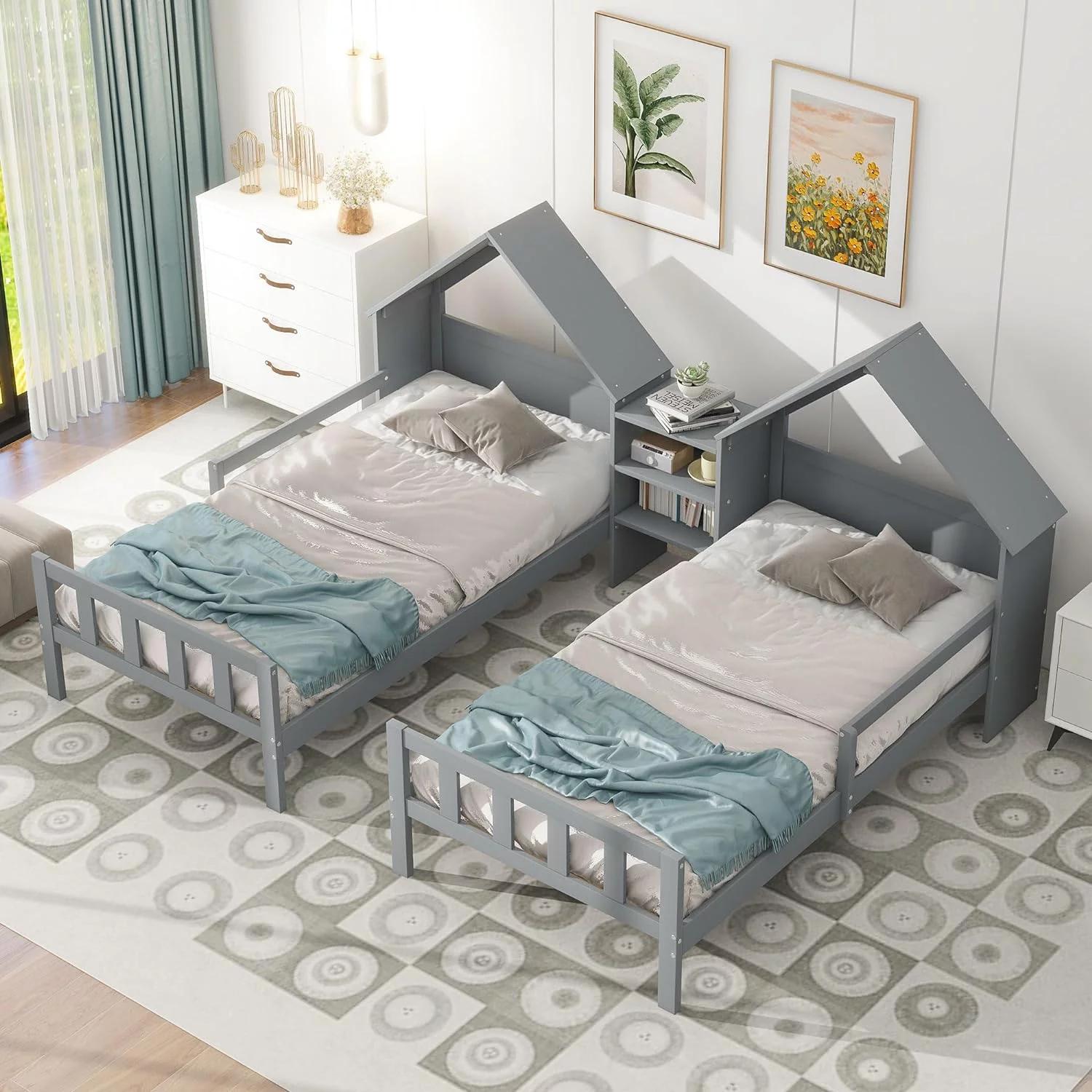 Double Size Platform Bed, Shared Bed Frame With House-Shaped Headboard And A Built-In Nightstand,Grey