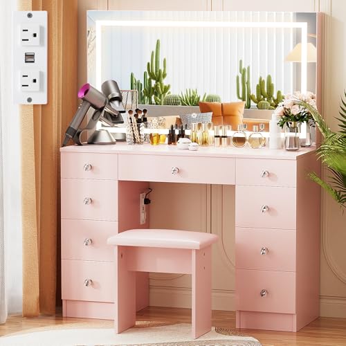 VOWNER Vanity with Lighted Mirror - Makeup Vanity Desk with Power Outlet and 9 Drawers, 3 Color Lighting Modes Adjustable Brightness, 43