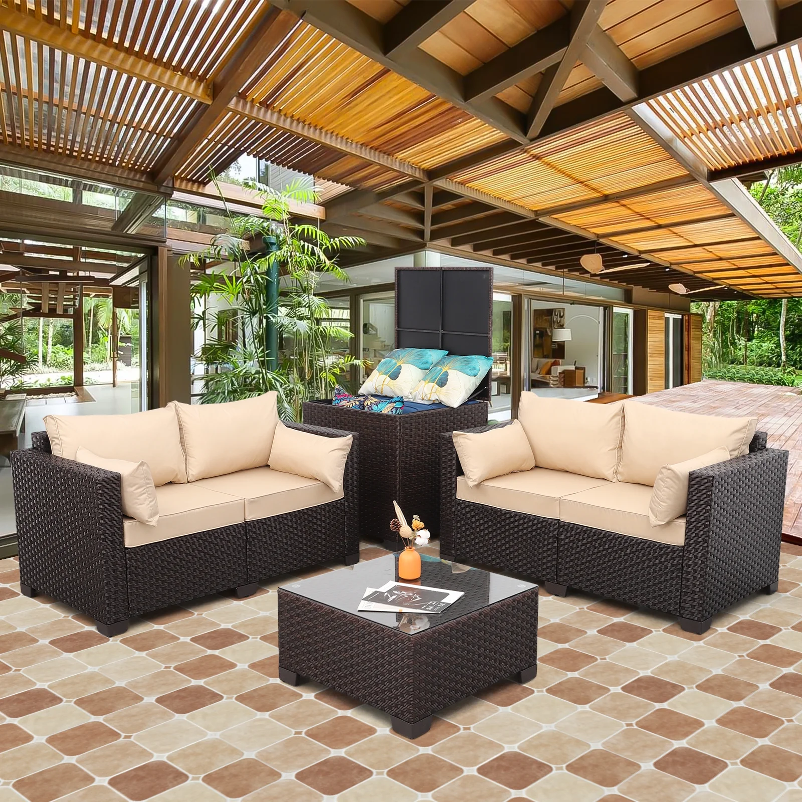 Waroom 4 Pieces Outdoor Furniture Set Patio Loveseats Sofa Set with Storage Box and Glass Coffee Table, Brown Wicker Khaki Cushions