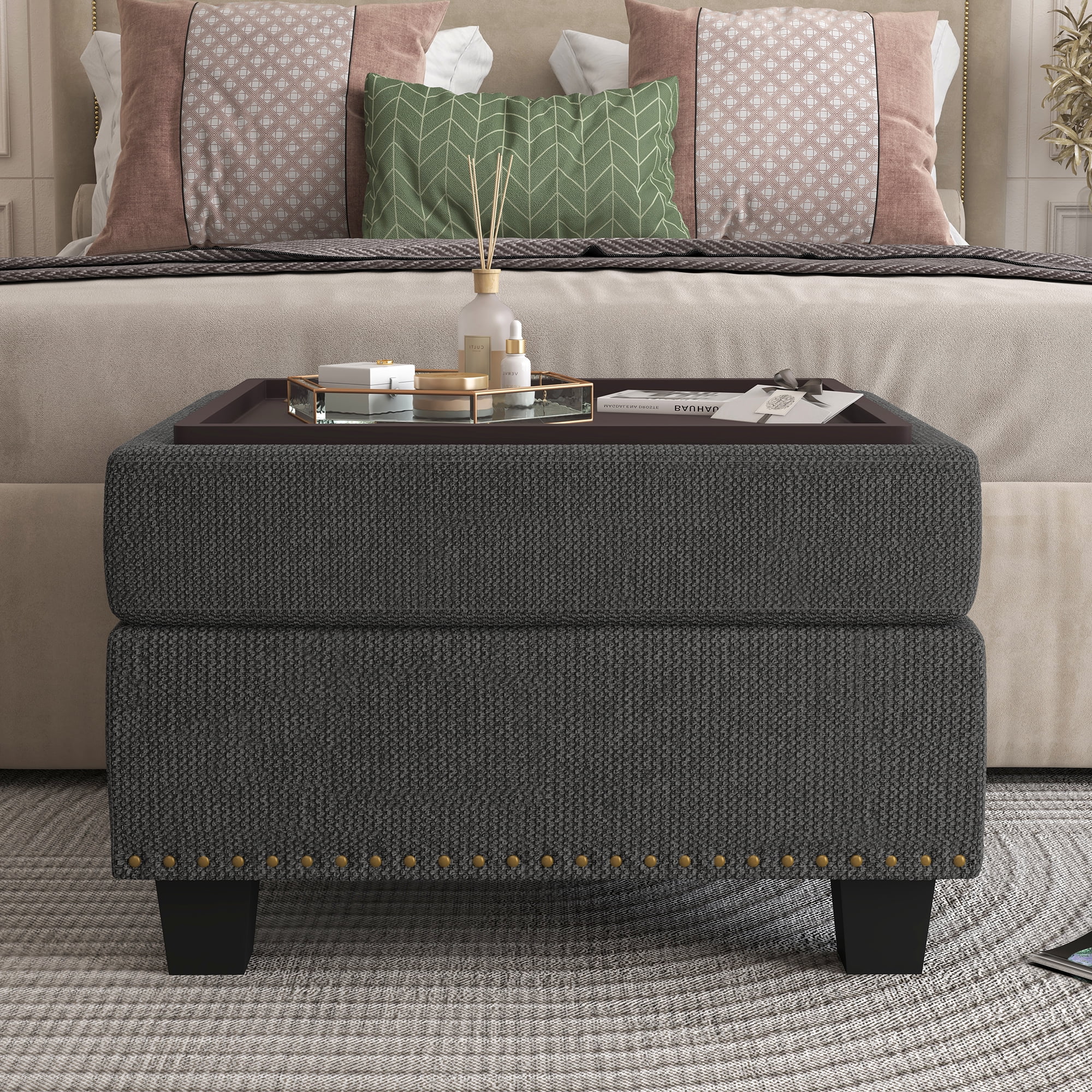 HONBAY Rivet Storage Ottoman for Sectional Sofa Set, Dark Gray