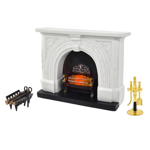 iLAND Dollhouse Furniture and Accessories of Dollhouse Fireplace on 1/12 Scale w/Fire Light & Firewood Rack & Fireplace Tool Kit (Neoclassical 4pcs)
