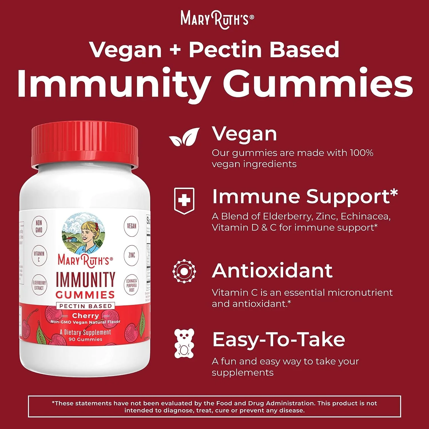 MaryRuth's Elderberry Gummies for Immune Support | Organic Ingredients for Adults & Kids with Echinacea, Vitamin C and D, Vegan, Non-GMO, Cherry Flavored, 90 Gummies