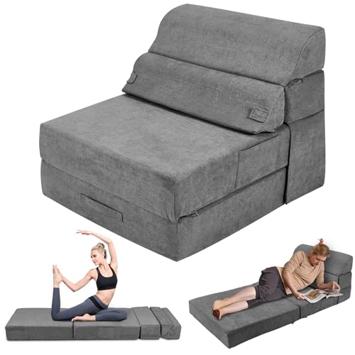 Comfy Folding Sofa Bed - Grey Convertible Sleeper Sofa Fold Out Sleeper Chair Couch for Living Room Bedroom Guest, Foldable Floor Chair Lounger Mattress with Back Support for Travel, Camping