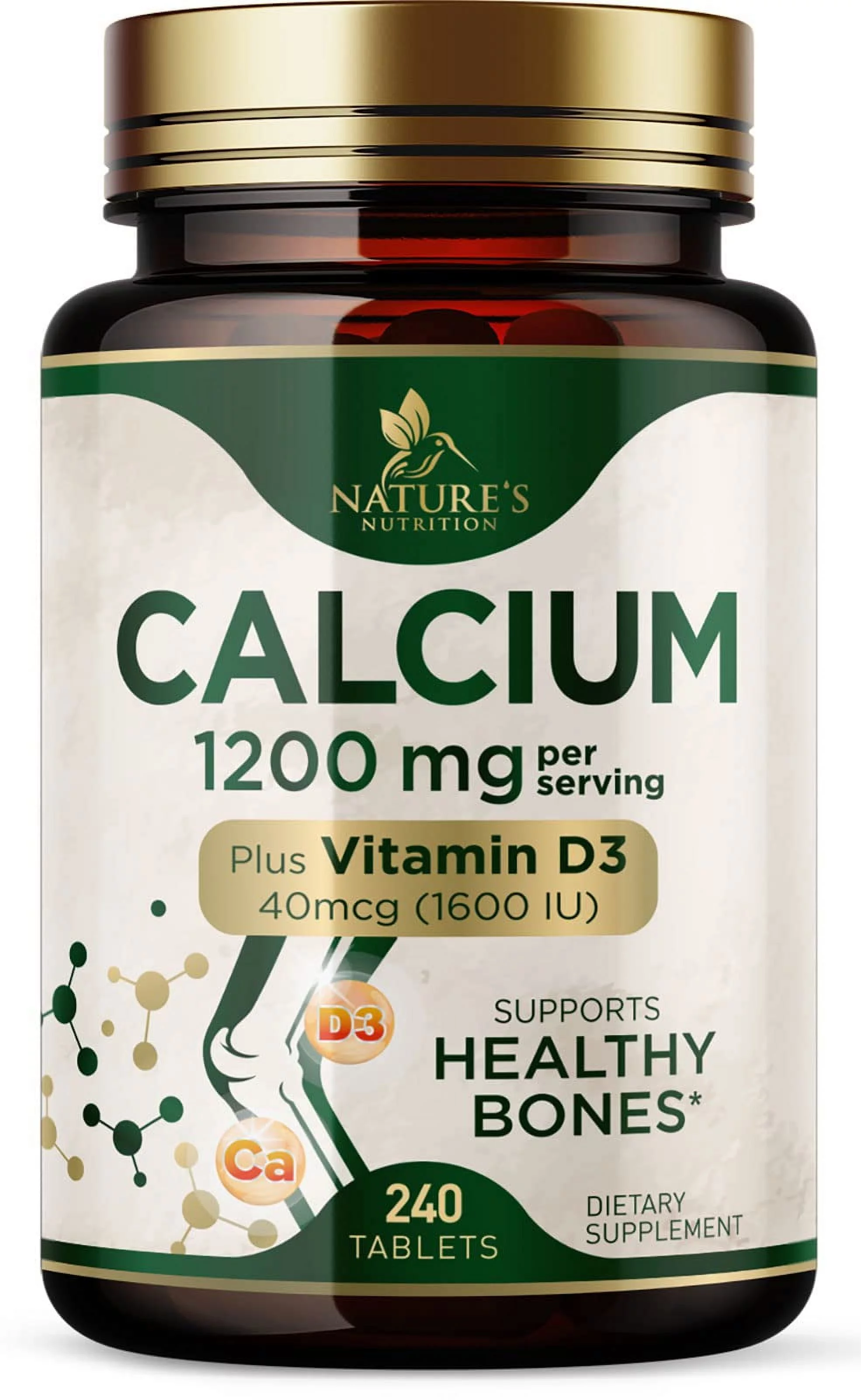 Calcium 1200 mg with Vitamin D3, Dietary Supplement for Bone and Teeth Support, Calcium Supplements for Women & Men, Max Absorption Carbonate, Nature's Absorbable Calcium Supplement - 240 Tablets