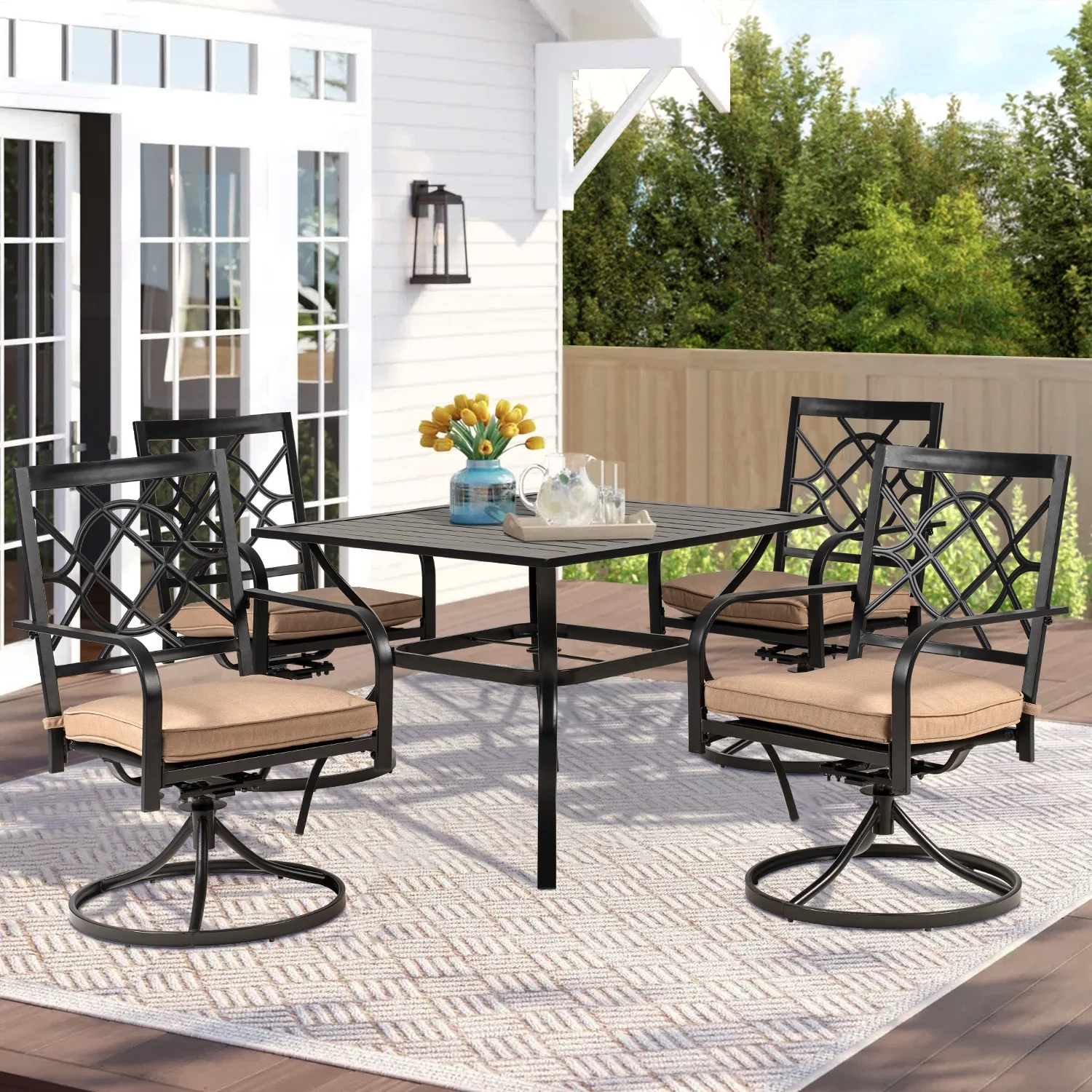 SUNCROWN 5 Pieces Outdoor Patio Metal Dining Set Swivel Chairs and Table Set with Brown Cushions