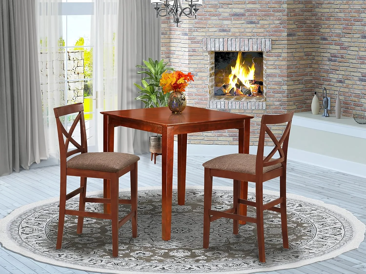 3 Piece Counter Height Set For Small Spaces Contains A Square Kitchen Table And 2 Linen Fabric Dining Room Chairs, 36X36 Inch