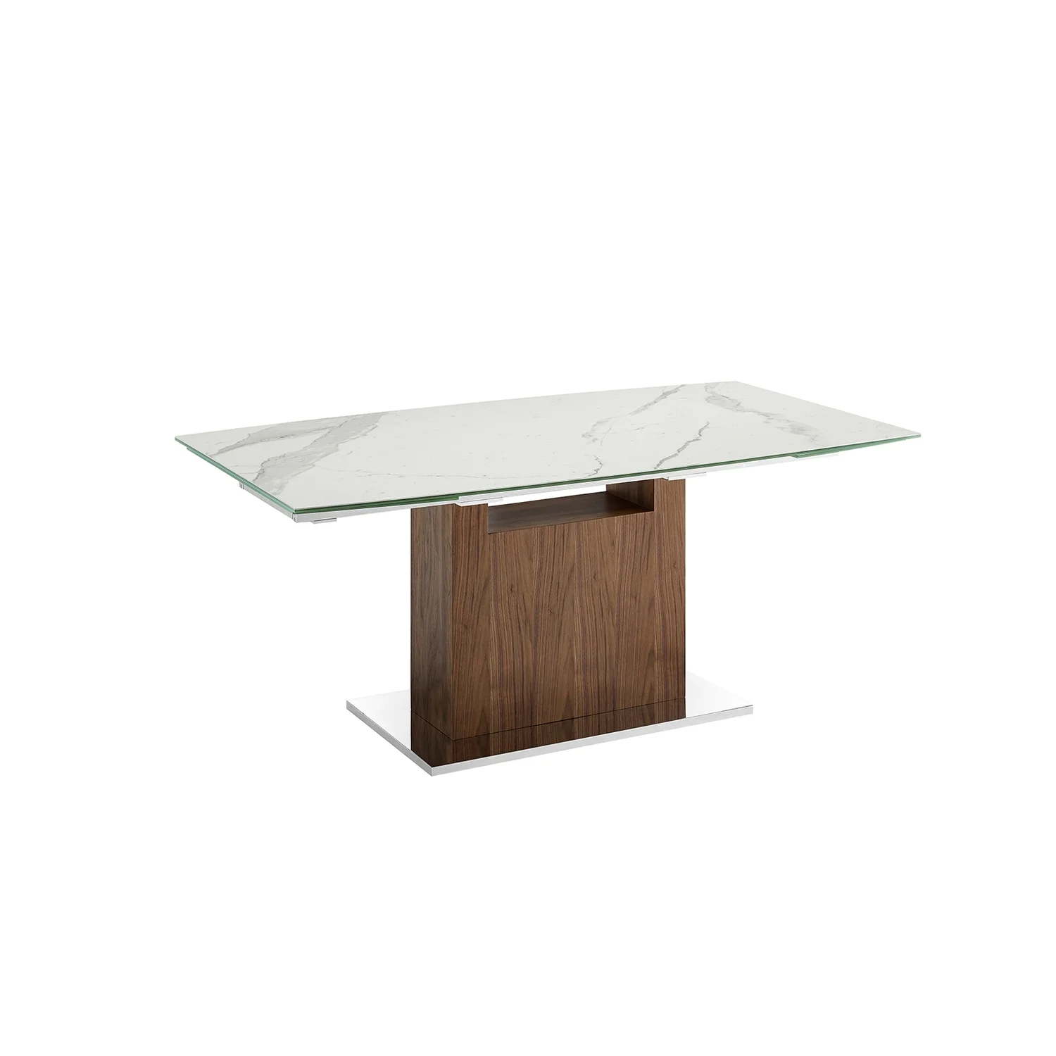 Talenti Casa Olivia Dining Table In White Marbled Porcelain Top On Glass With Walnut Veneer Base.