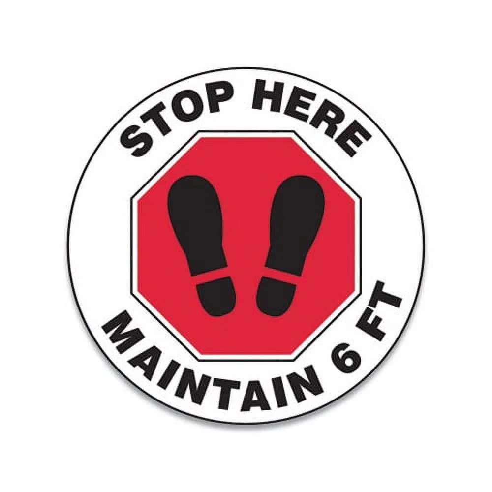 Slip-Gard Social Distance Floor Signs 12" Circle, "Stop Here Maintain 6 ft", Footprint, Red/White, 25/Pack