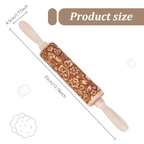 Embossed Wooden Rolling Pin Darker 3D Flower Rattan 35cm Rolling Pin for Thanksgiving Baking Biscuits DIY Kitchen Tool Baking Accessories Homemade Bakery Pastry Cookie Fondant Dough Pizza