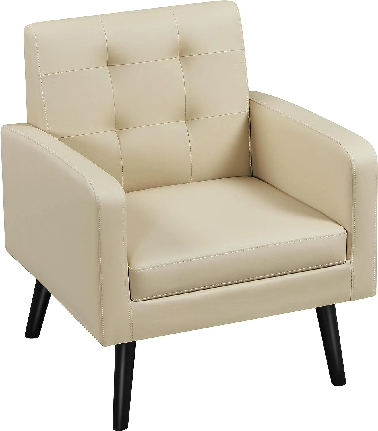 Mid-Century Accent Chairs, PU Leather Modern Upholstered Living Room Chair, Cozy Armchair Button Tufted Back and Wood Legs for Bedroom/Office/Cafe Beige