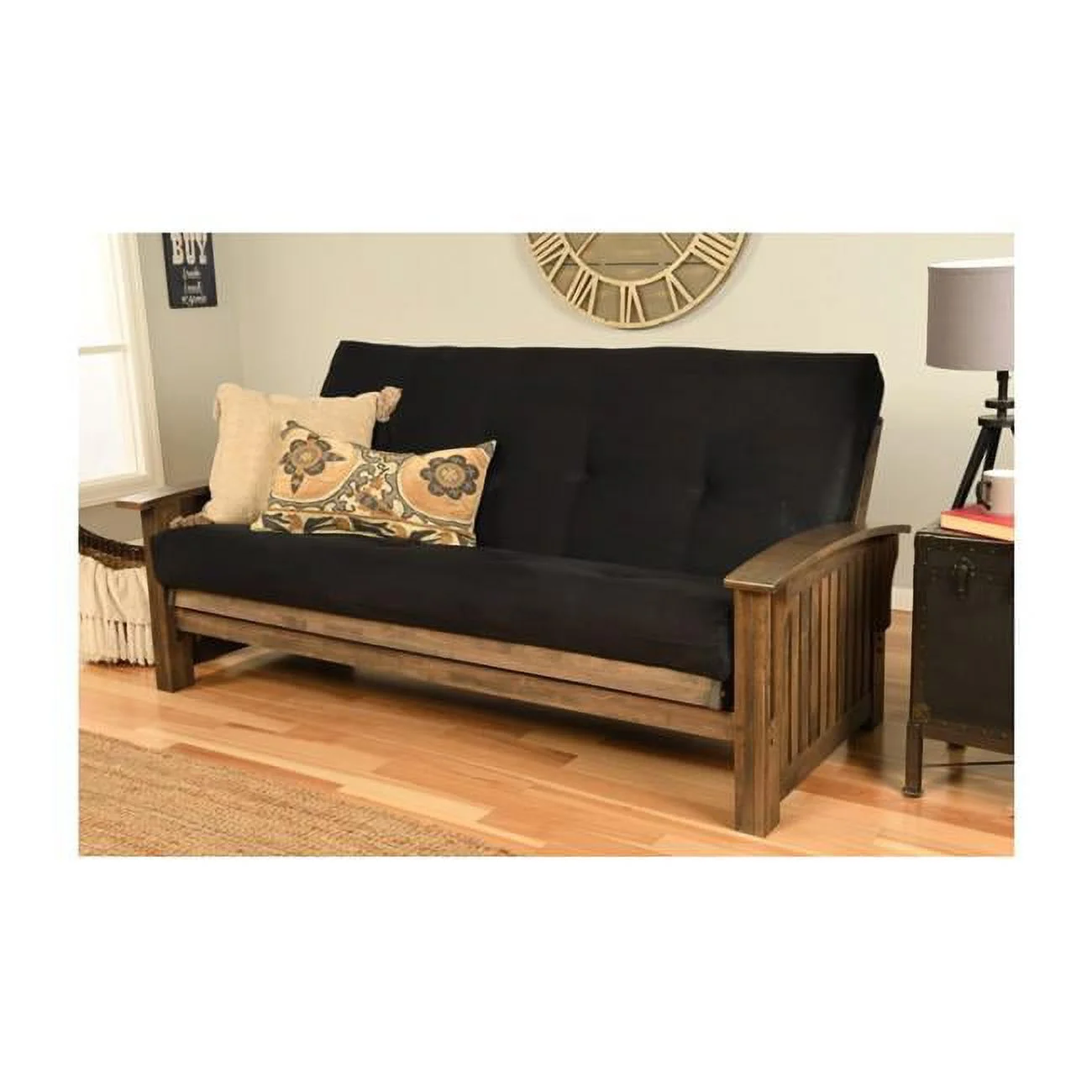 Washington Rustic Walnut Futon Frame with Suede Black Mattress - Full Size