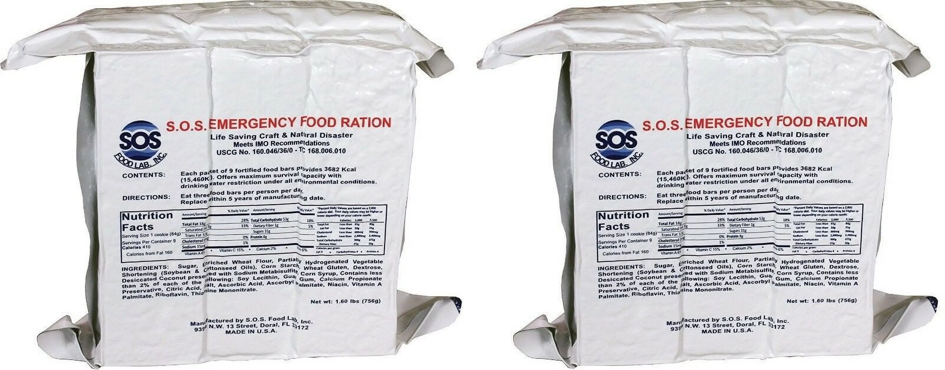 (2) SOS Rations EMERGENCY Disaster 3600 Calorie Food Bar Survival 3 Day 72 Hour