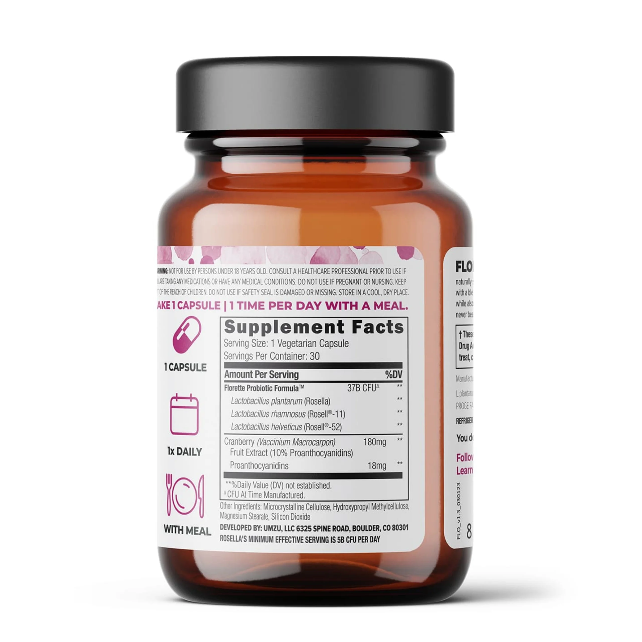 UMZU Florette - Vaginal & Urinary Tract Health Supplement to Support Vaginal pH, Cranberry Fruit Extract, Advanced Probiotic, Shelf Stable - (30 Day Supply 30 Capsules)