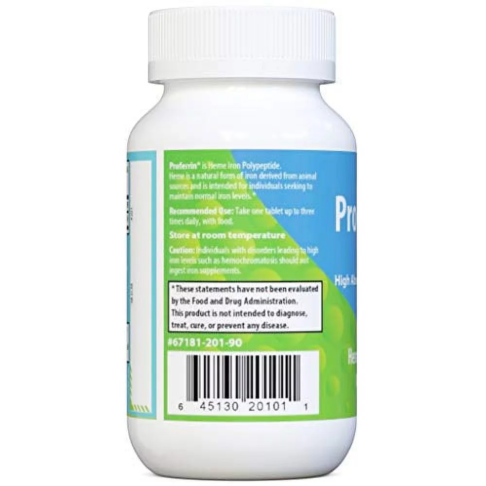 Proferrin ES Heme Iron Polypeptide Dietary Supplement Tablets, Blue/Green, 90 Count, Basic