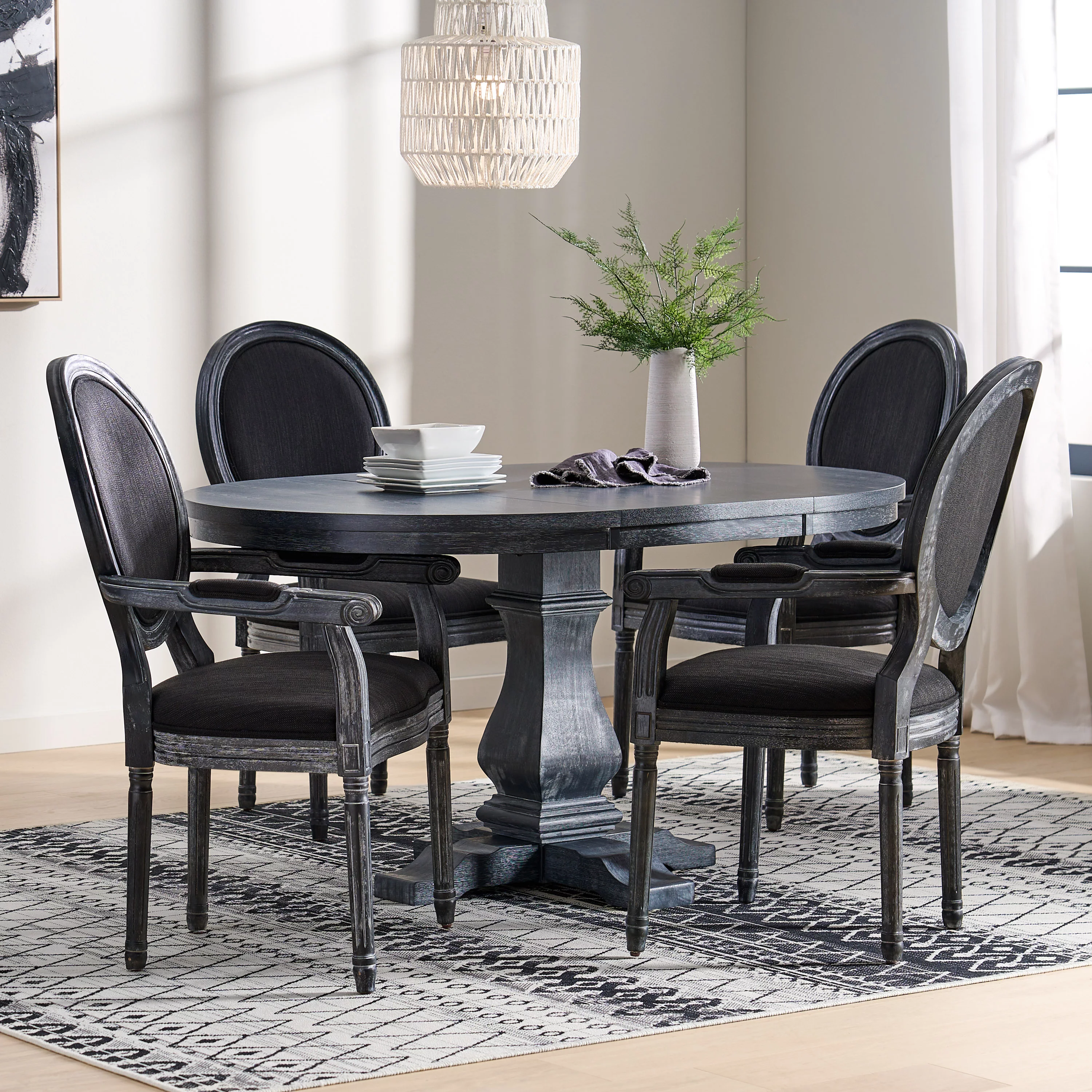 Aisenbrey French Country Wood 5-Piece Expandable Oval Dining Set, Gray and Black
