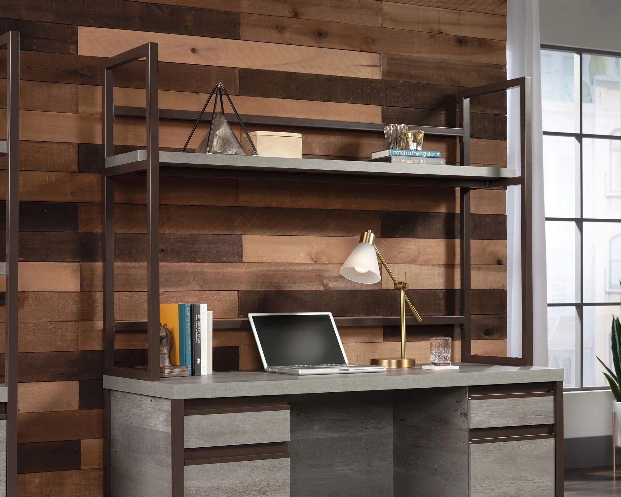 Sauder Manhattan Gate Engineered Wood and Metal Computer Hutch in Mystic Oak