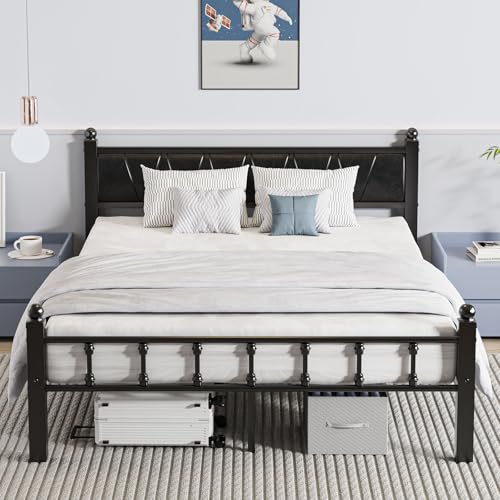 Metal Bed Frame Queen Size with Vintage Industrial Headboard, Platform Bed Frame with 1300lbs Capacity Heavy Duty Slats Support, No Box Spring Needed/Noise-Free/Easy Assembly, Black