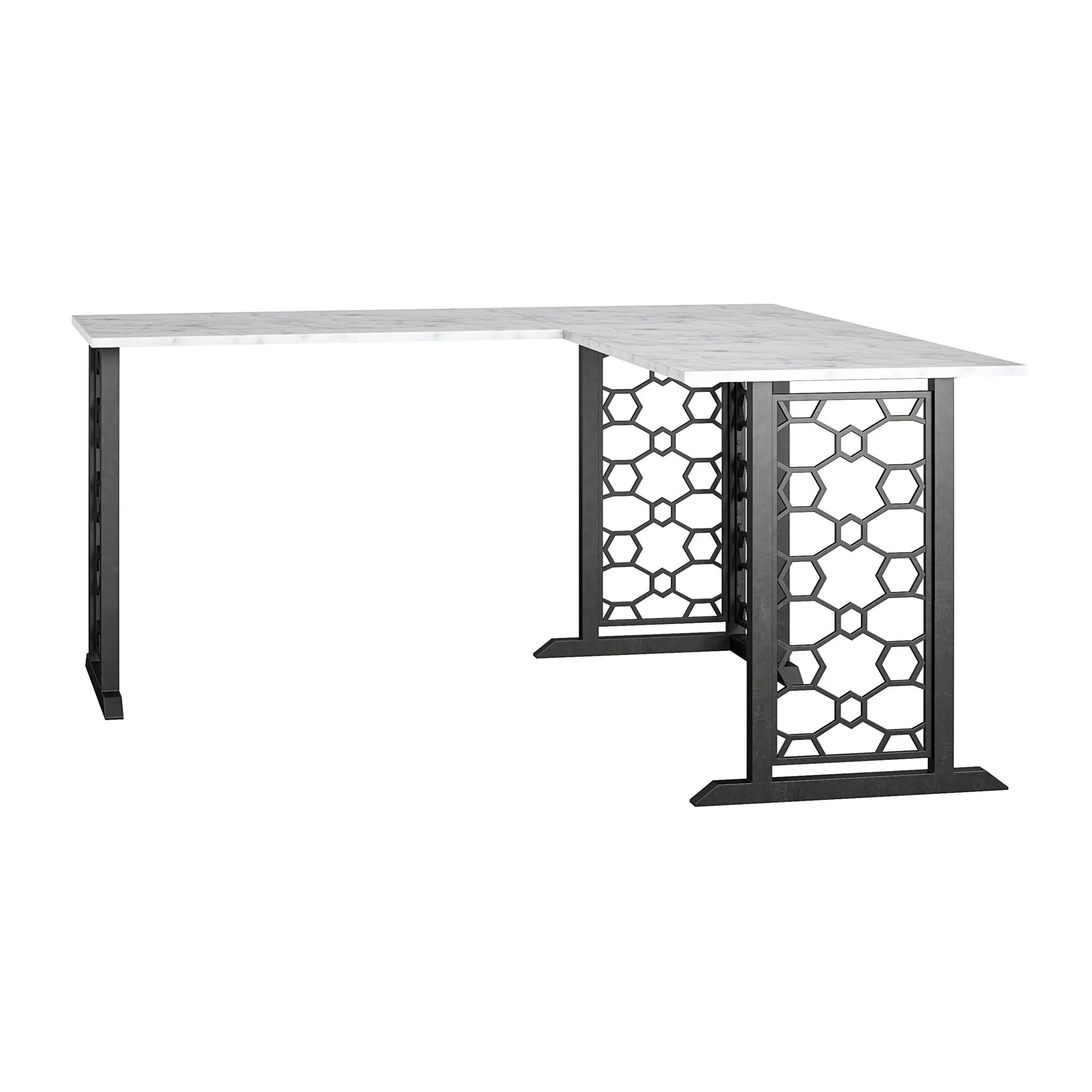 Ella L Desk, White Faux Marble/Black