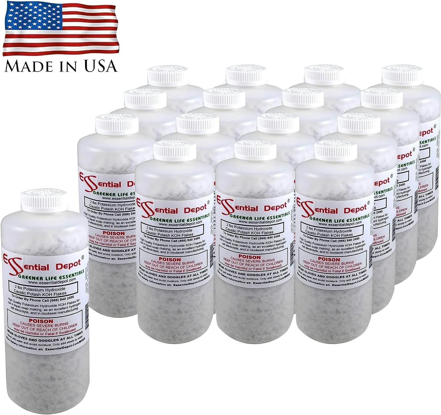 32 lbs Potassium Hydroxide Flakes KOH Caustic Potash Anhydrous KOH Dry Electrolyte - 16 x 2lb Bottles - Lye Drain Cleaner - HDPE container with resealable Child Resistant cap
