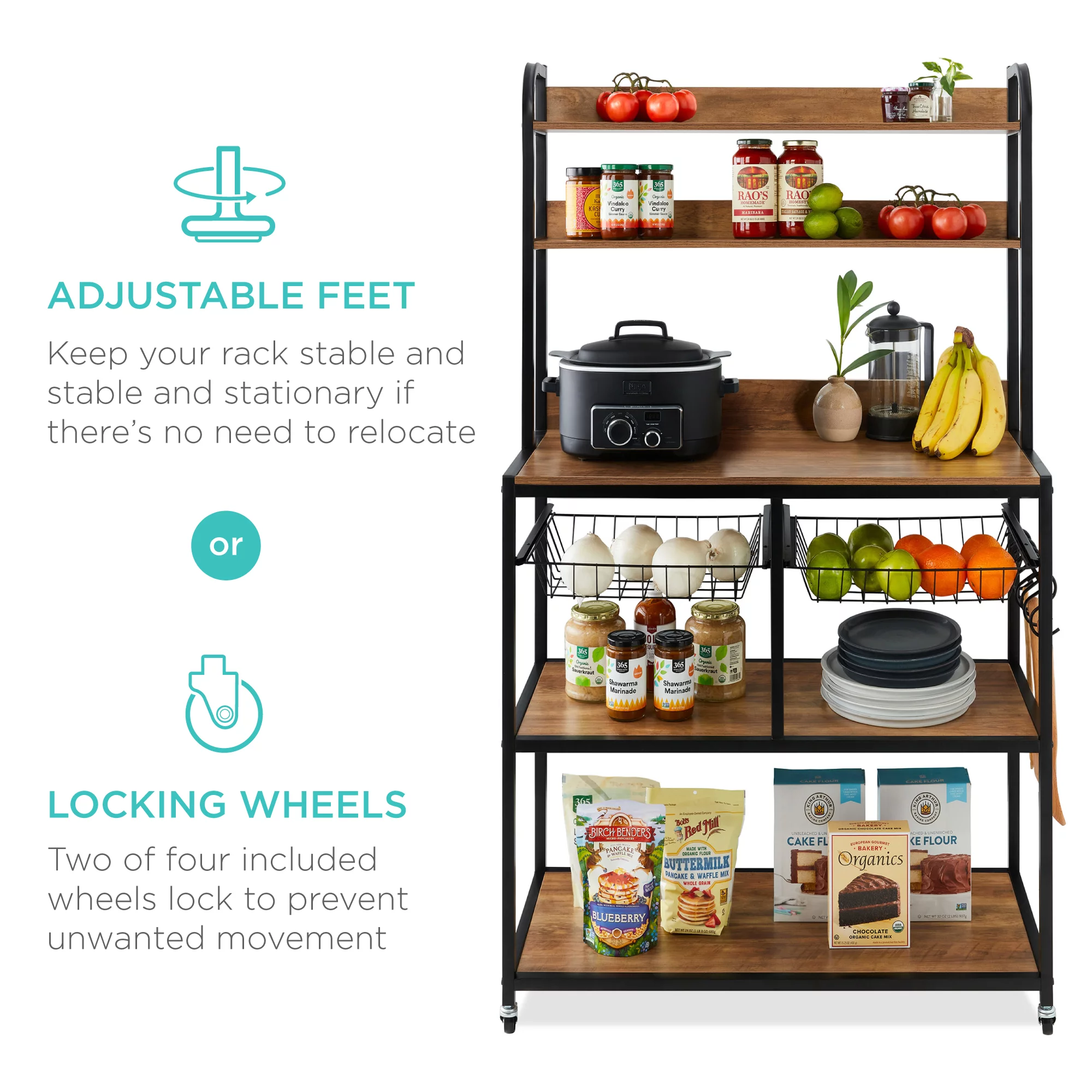 Best Choice Products 67in Counter-Height Baker's Rack w/ Locking Wheels, Adjustable Feet, 2 Wire Baskets - Brown/Black