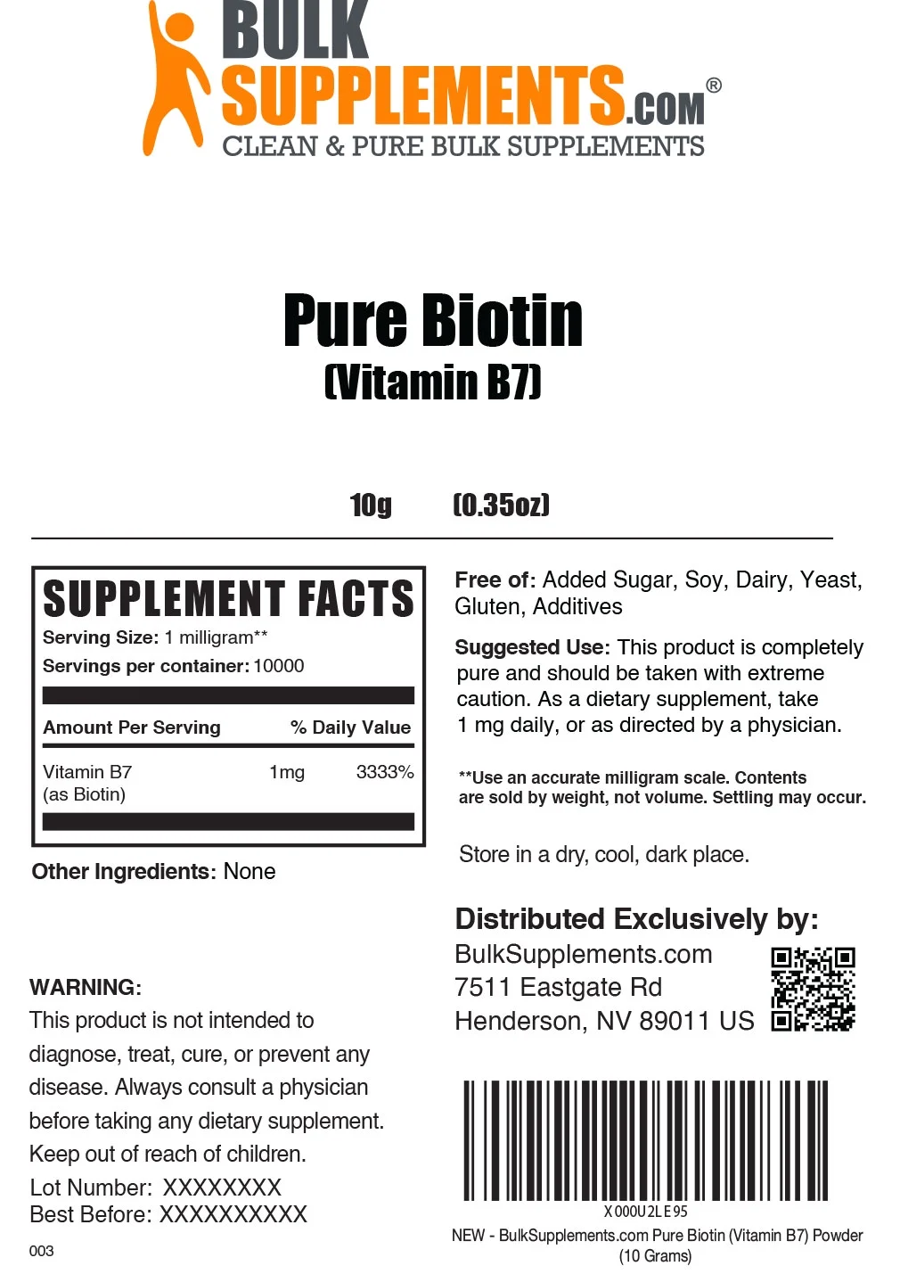 BulkSupplements.com Pure Biotin (Vitamin B7) - (100 Grams)